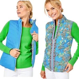 Lilly Pulitzer Women's Deanne Reversible Vest, Blue Thistle Tiger Queen size M